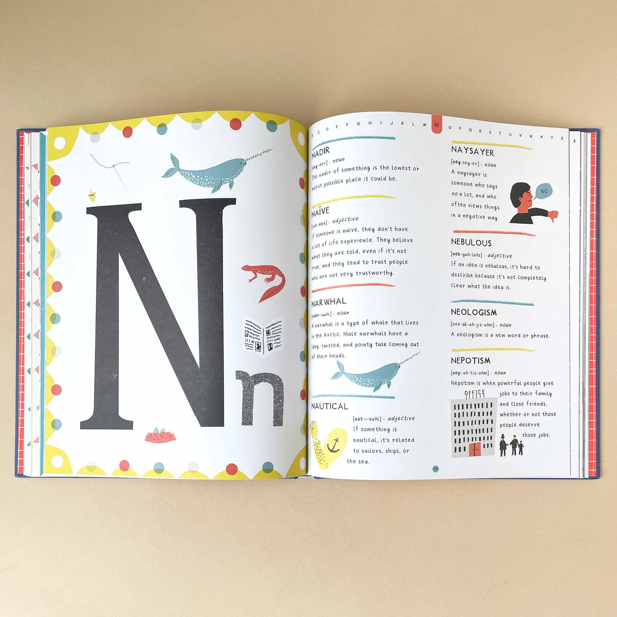 Open book showing pages with letter 'N' and illustrations on a beige background