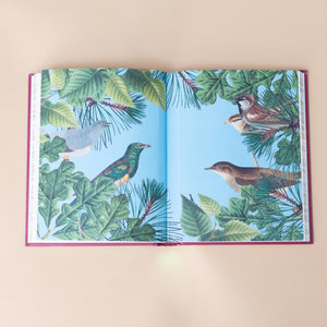 realistic-images-on-full-page-sticker-with-sky-blue-background-of-different-leaves-birds-and-pines