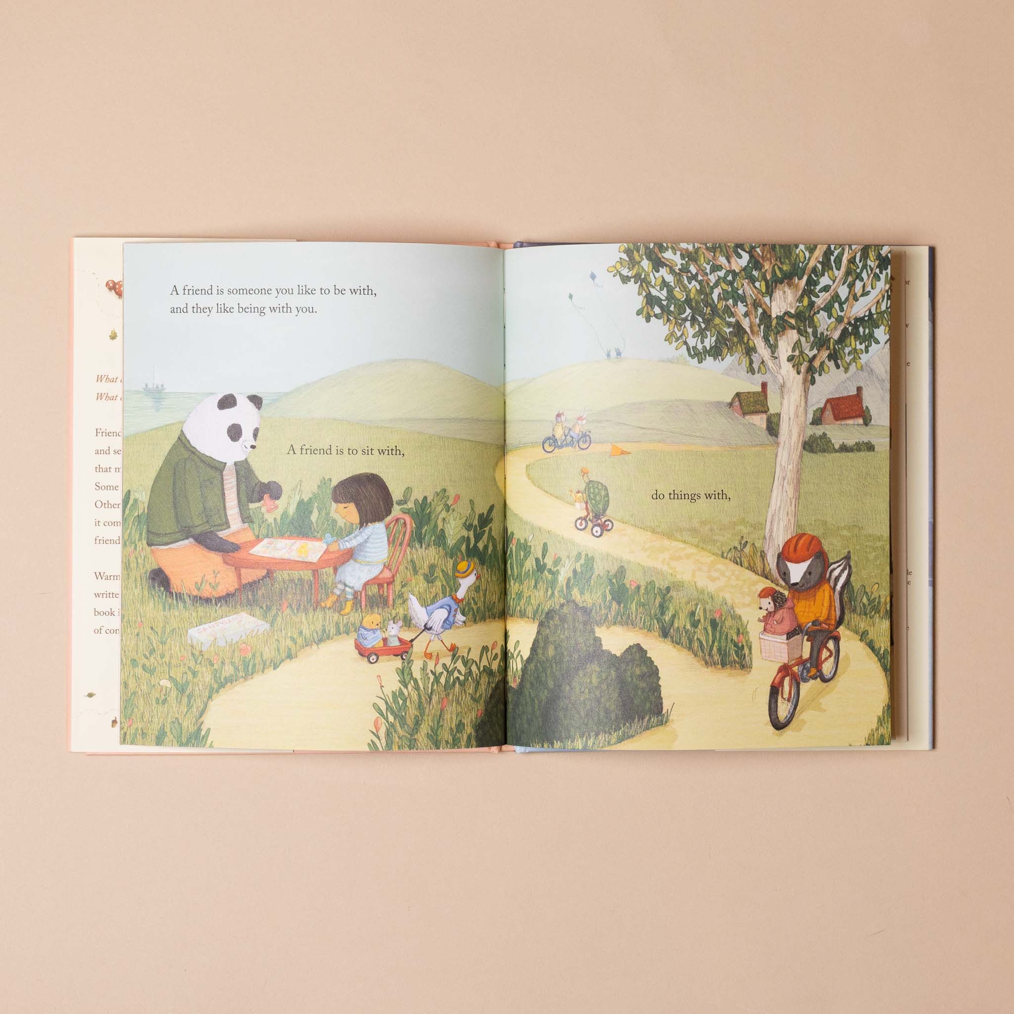  9" L x 7.5" W x 0.5" H Open book with illustrations of children playing outdoors on a beige background