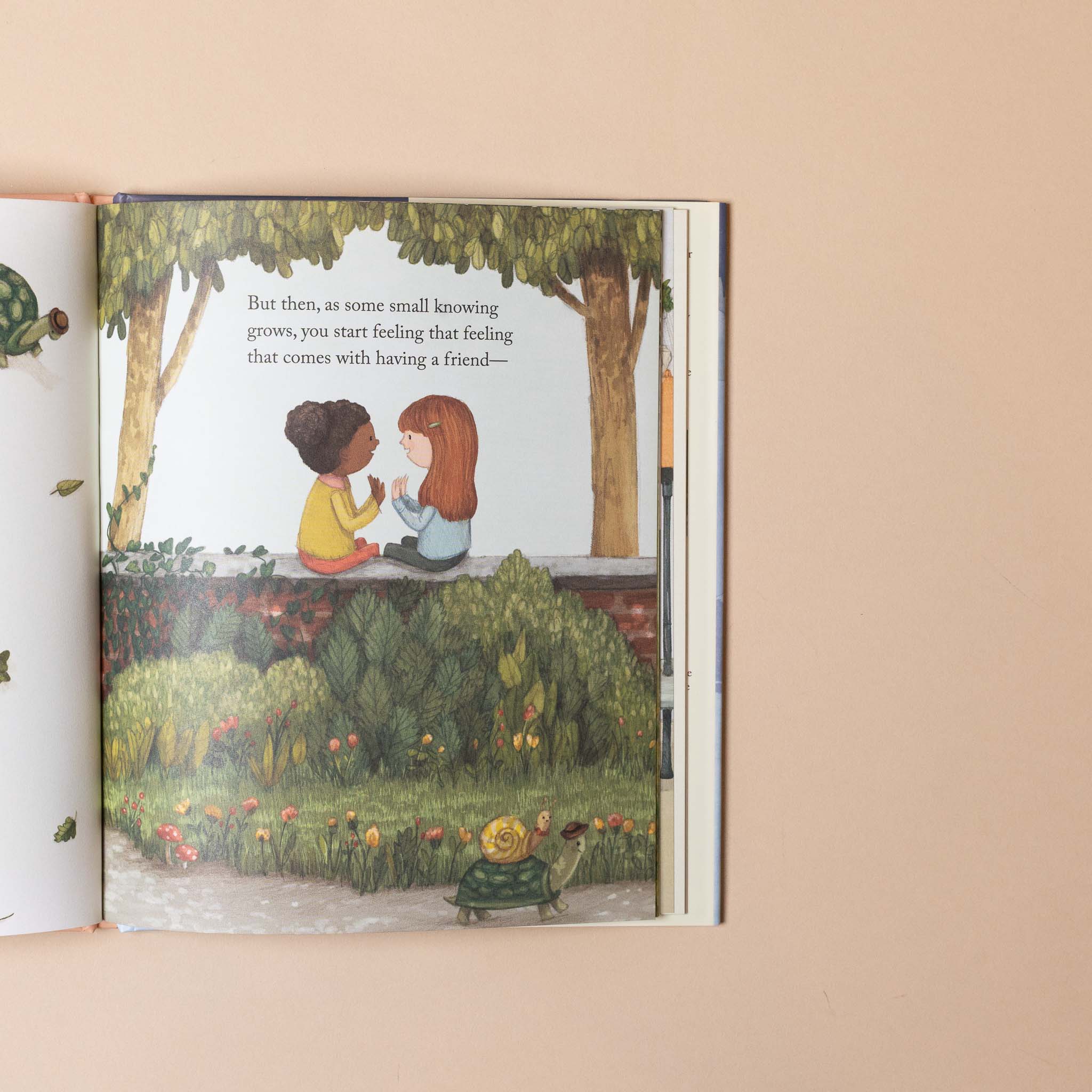 the-friendship-book- Illustrated book open to a page with two children sitting on a log in a garden.