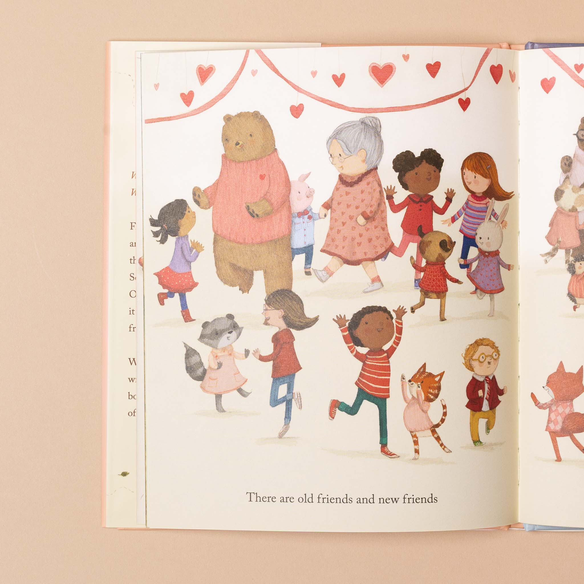 the-friendship-book- Illustrated book page with children and animals dancing, hearts above, on a beige background.