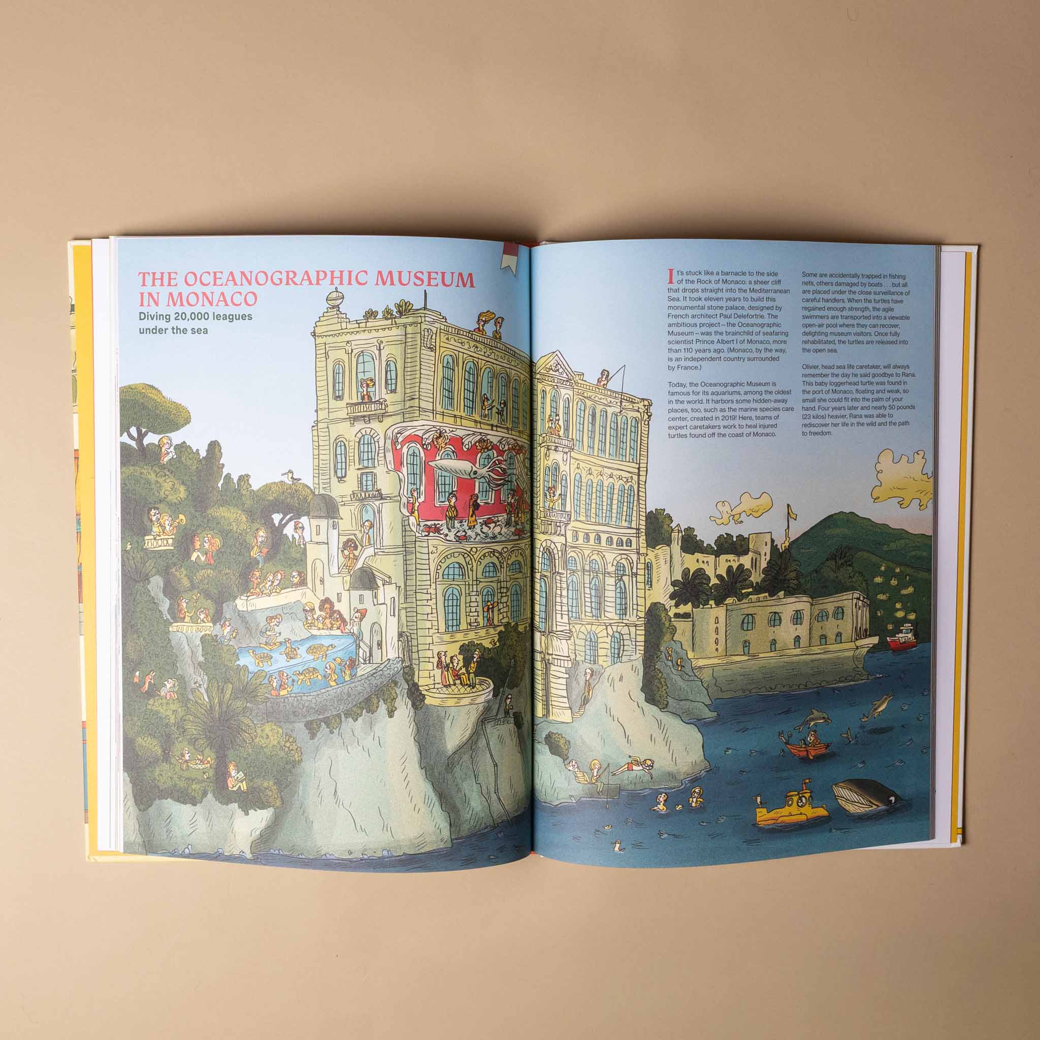 the-great-big-book-of-museums Illustrated book open to a page showing a building and water scene with text.