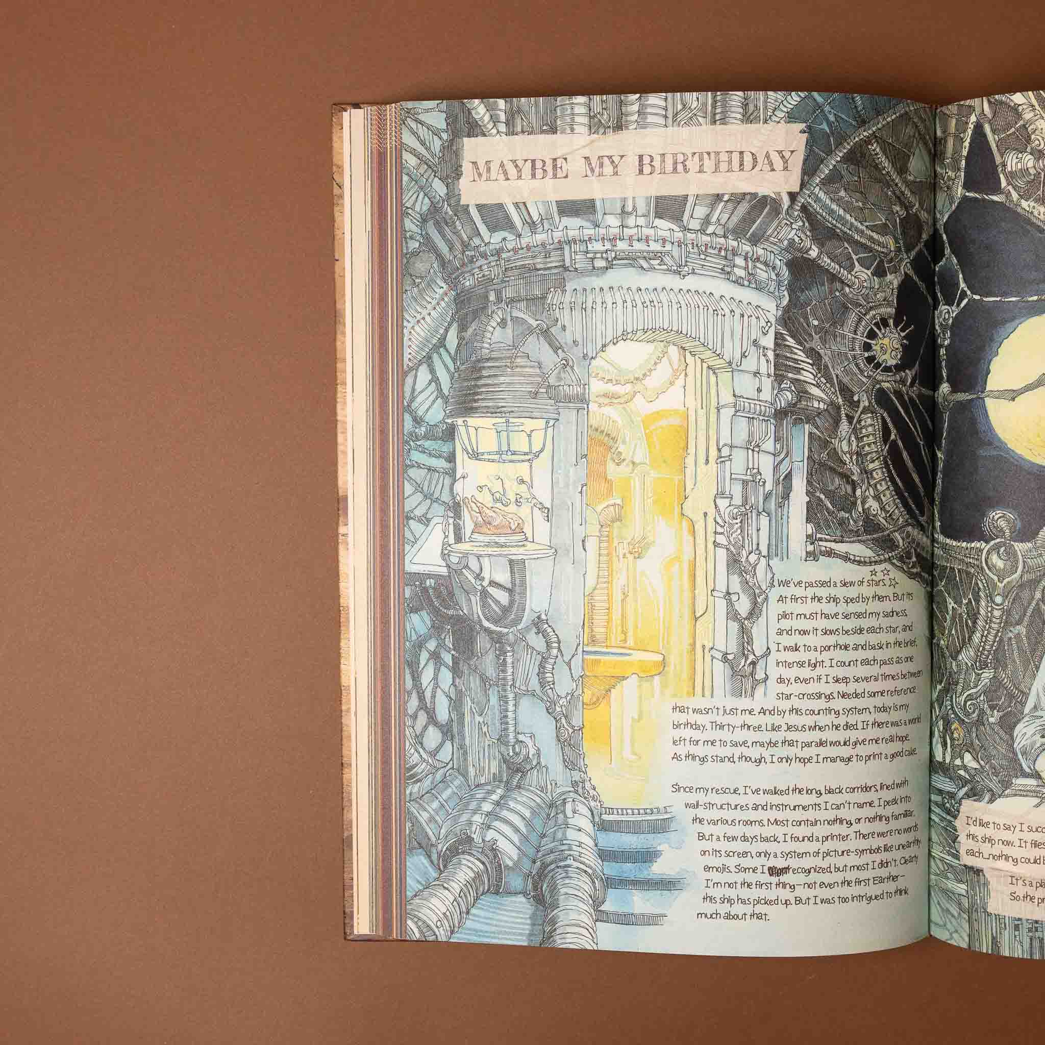 the-last-book-diary-of-the-last-earthling Open book titled Maybe my birthday with detailed illustrations and text on a brown background