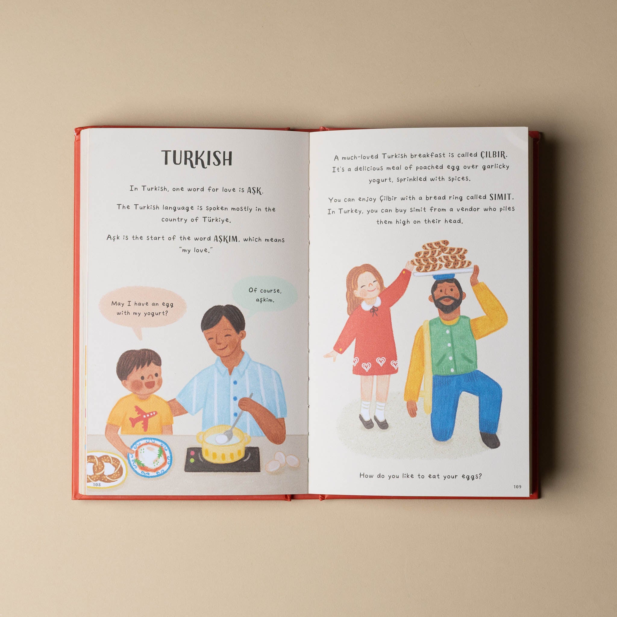 the-little-book-of-love-100-ways-to-say-i-love-you-around-the-world Open book with illustrations and text on Turkish culture and food
