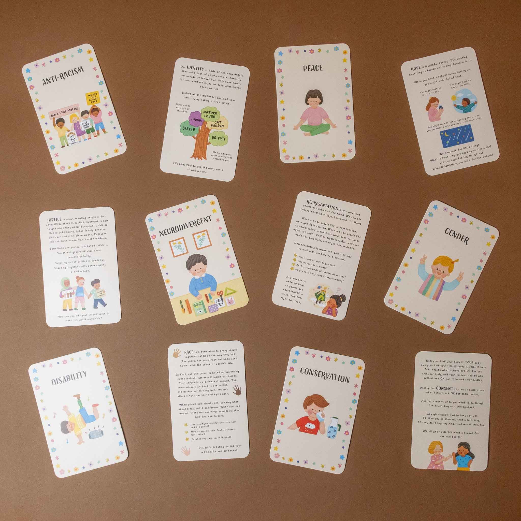 the-little-box-of-words-that-matter Educational cards with illustrations and text on a brown background