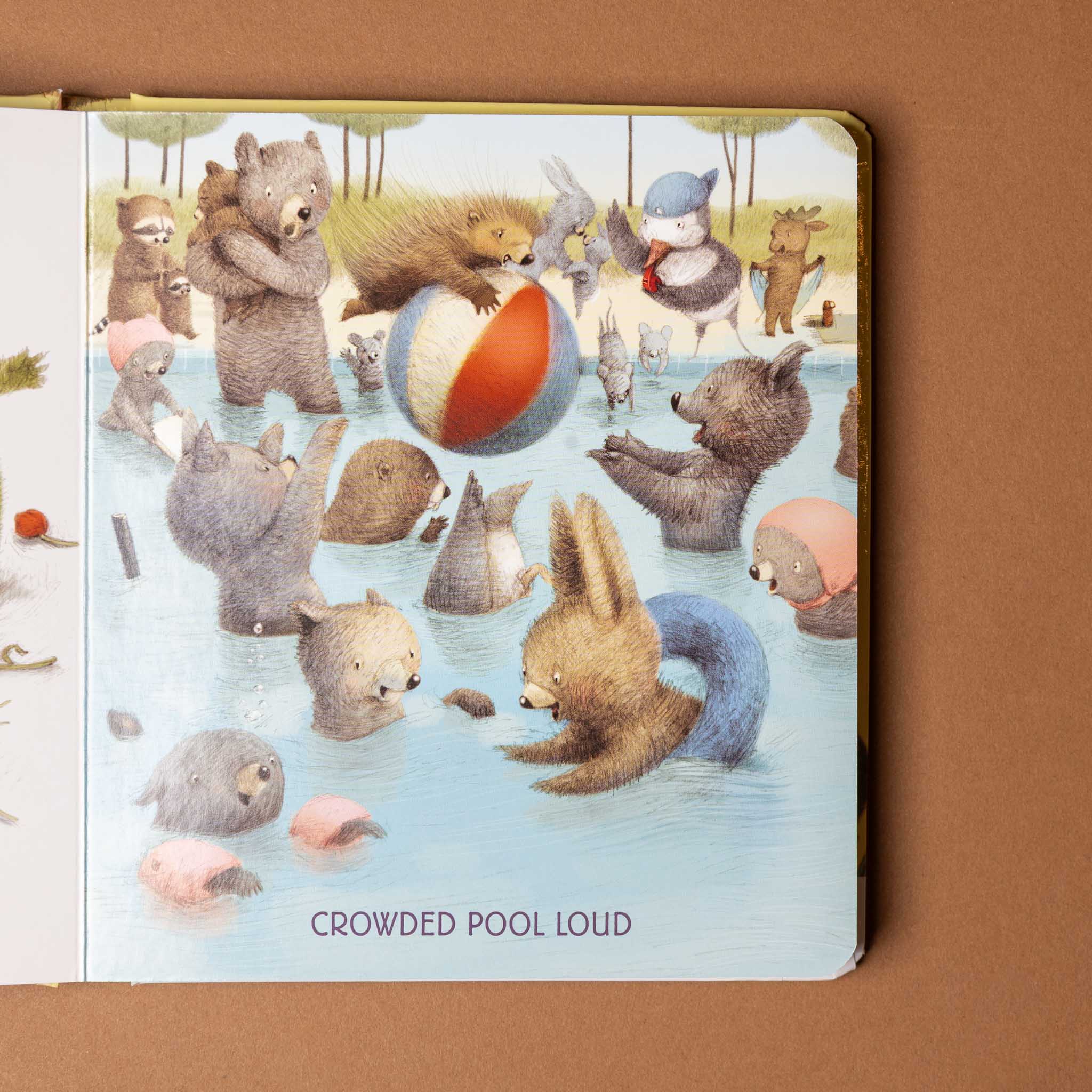 the-loud-board-book-interior-page-with-animals-in-a-pool-and-text-crowded-pool-loud