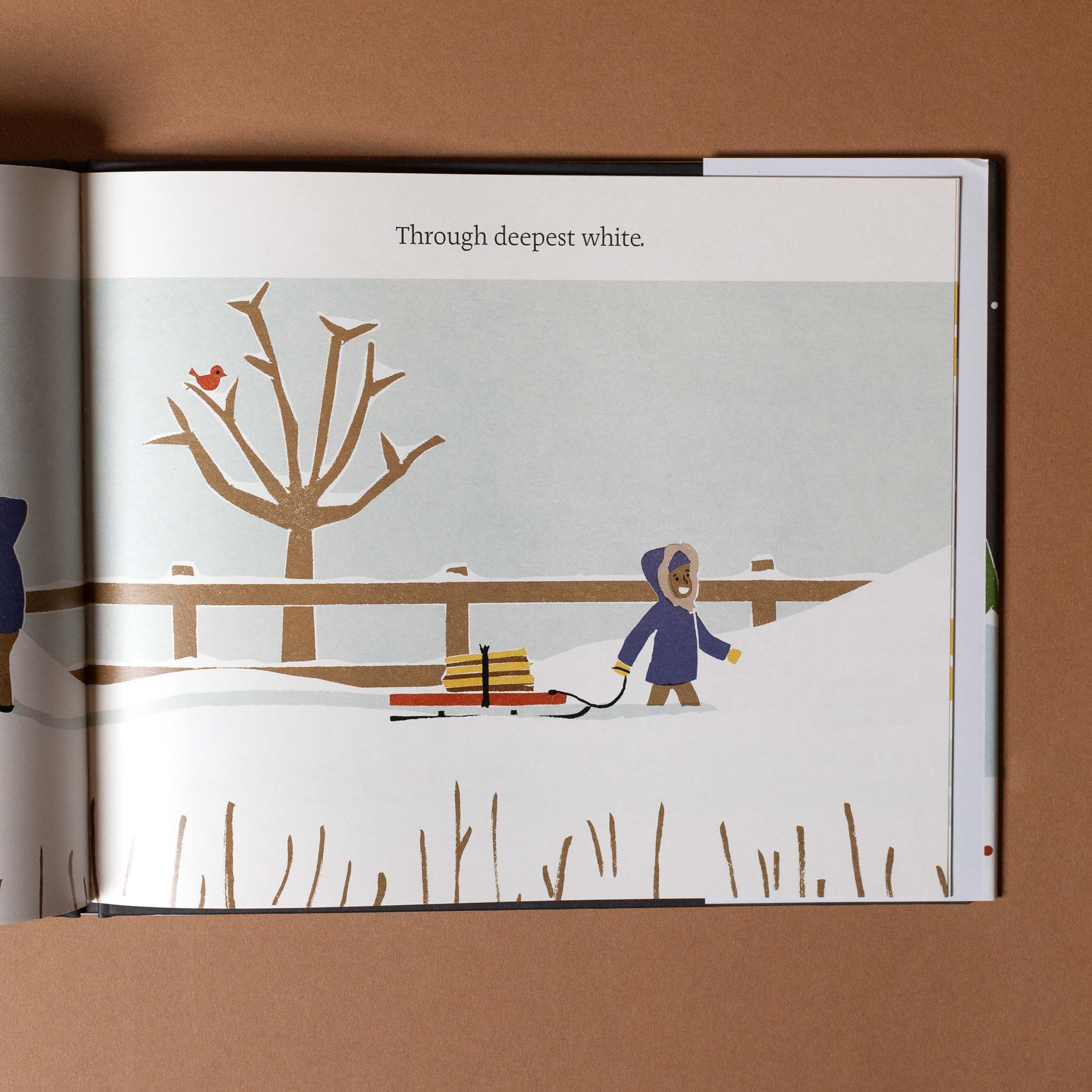 the-old-sleigh Illustration of a child with a sled in a snowy landscape on a book page.