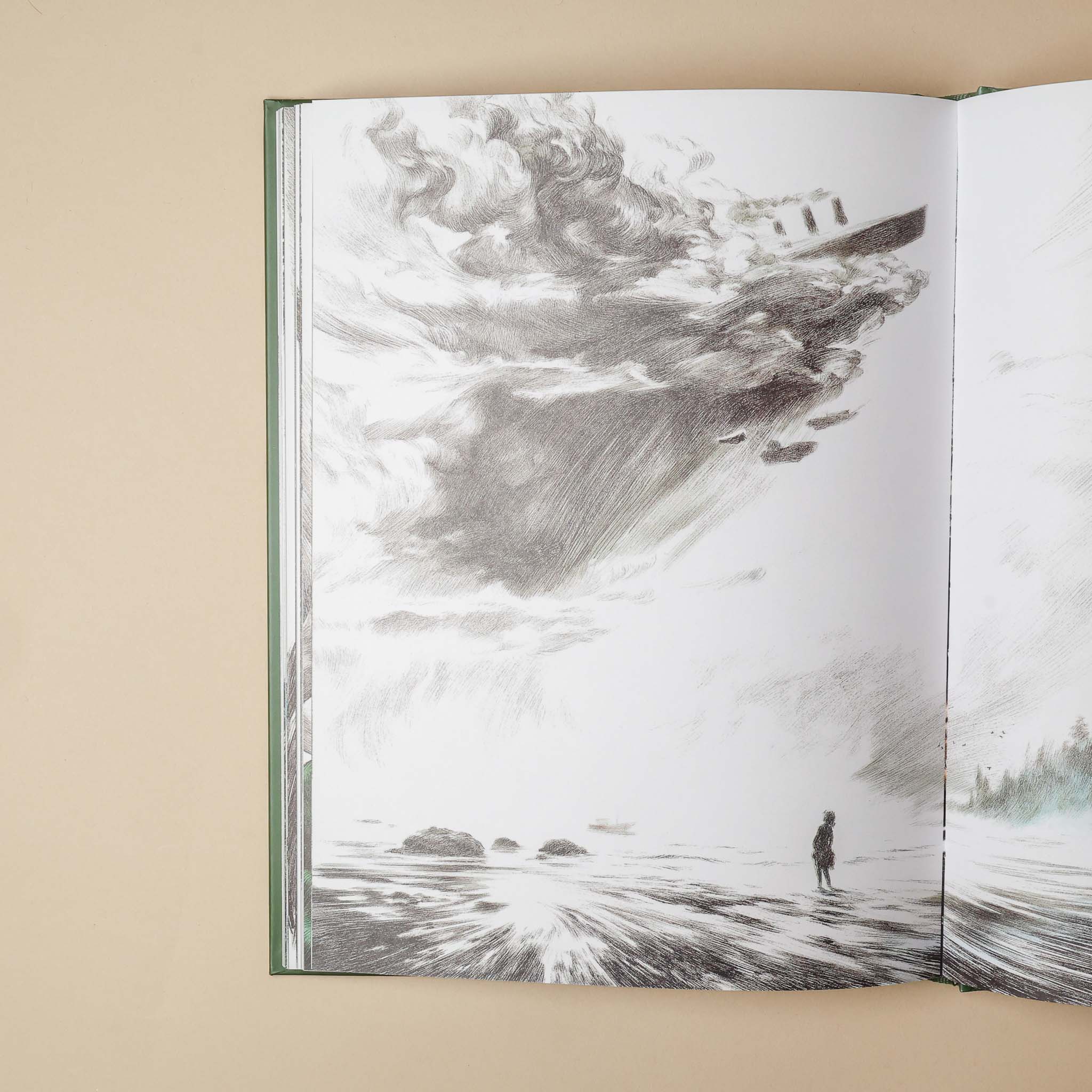 Open book displaying a black and white illustration of a person standing on a beach with a large wave.