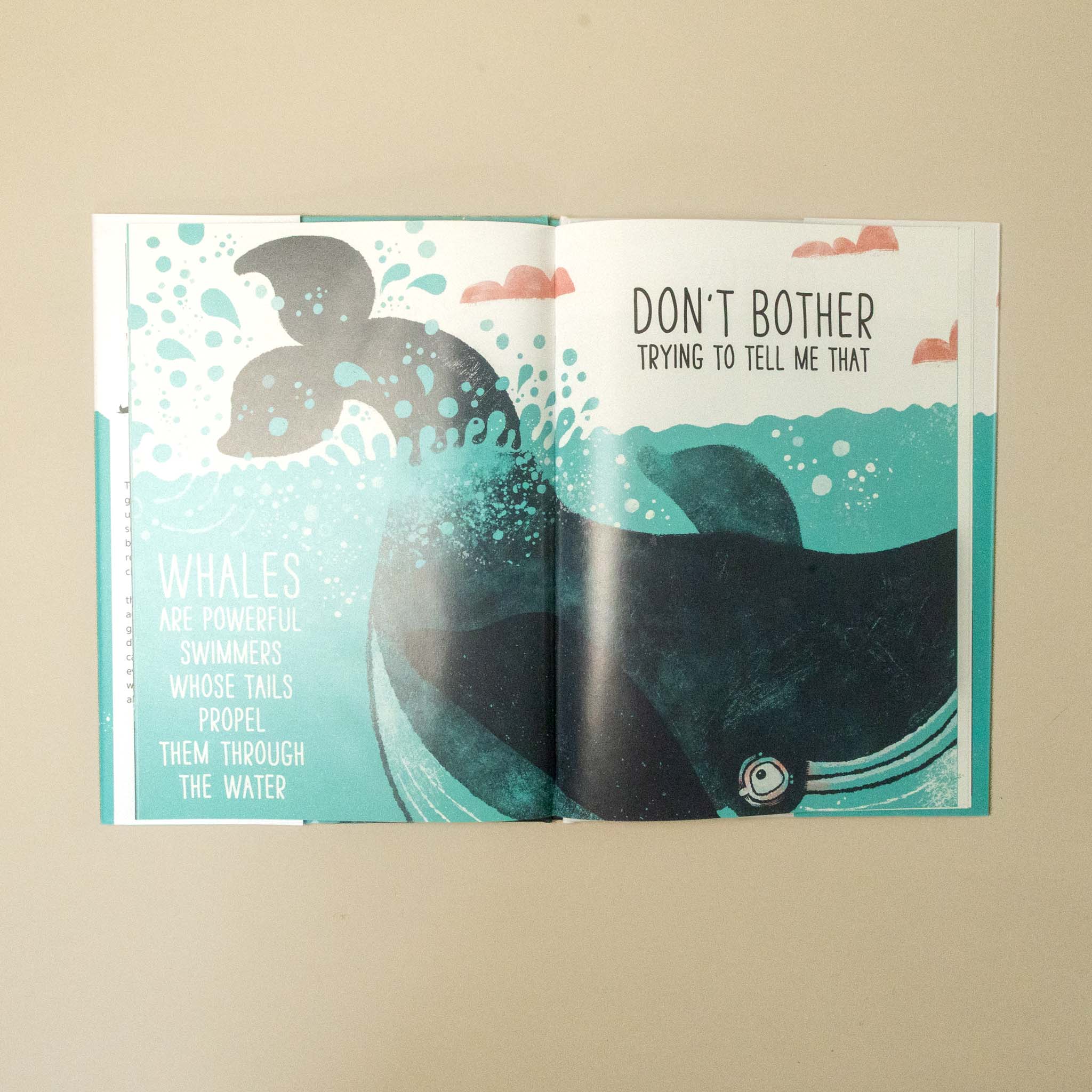 An open children's the-whales-tale-and-the-otters-side-of-the-story showing a whale illustration with text on both pages, photographed against a plain beige background.