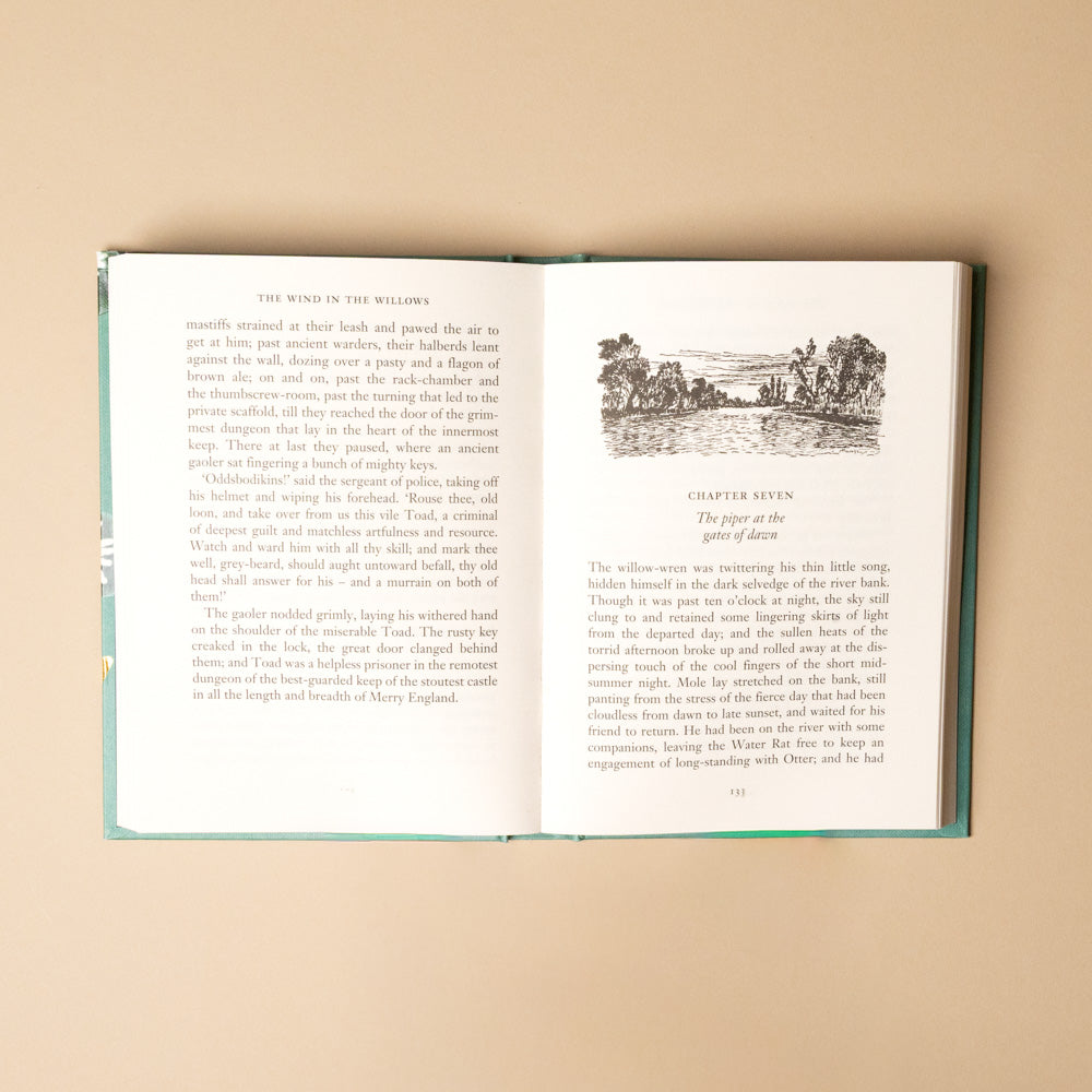 the-wind-in-the-willows Open book with text and illustration on a beige background