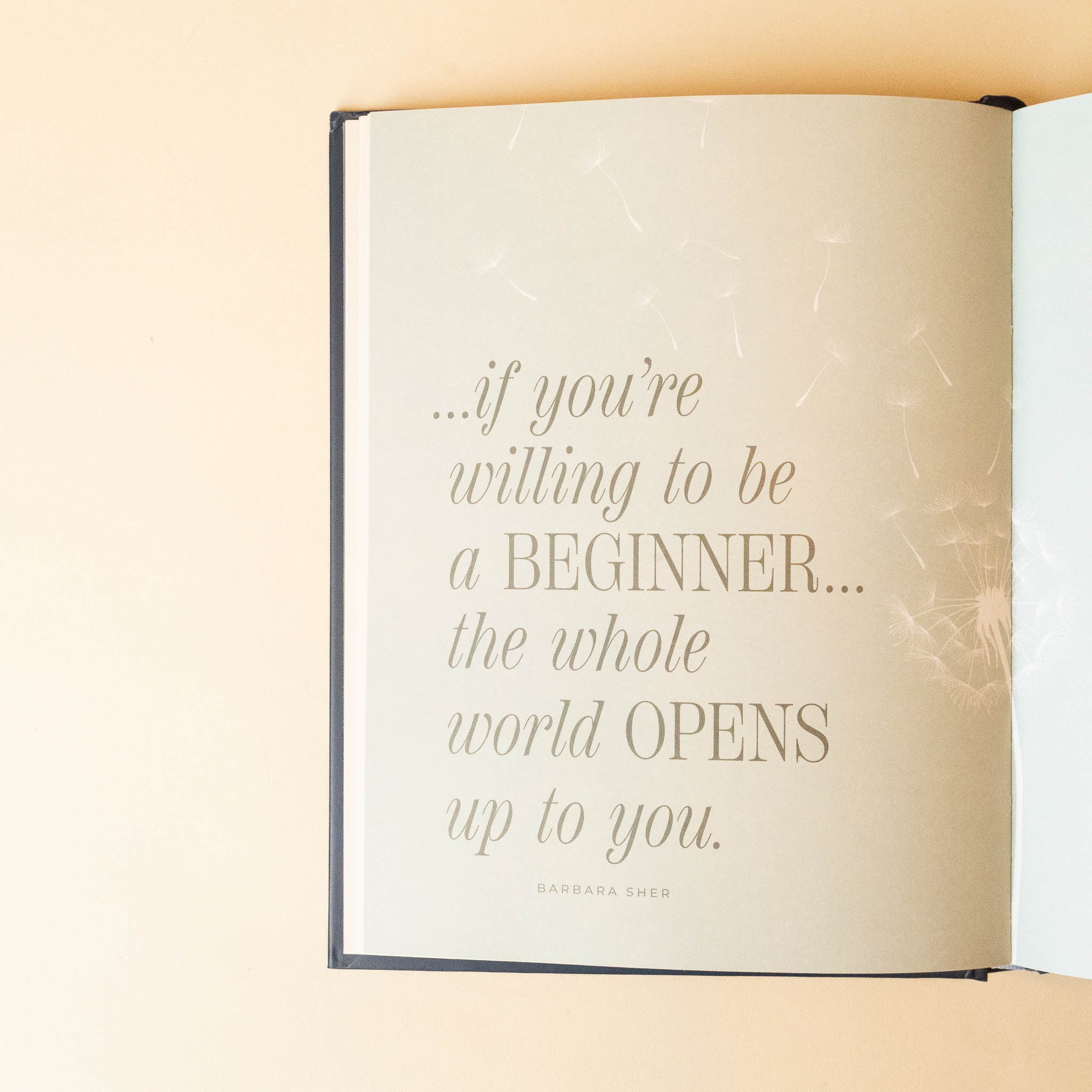 Openthe-wish-list-book with a motivational quote on a beige background