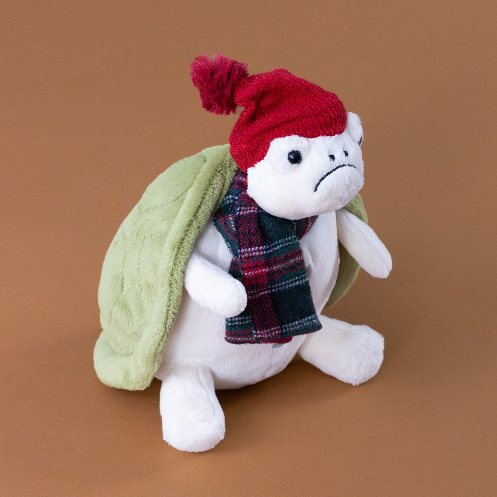 timmy-turtle-snowman-stuffed-animial-with-red-hat-and-tartan-scarf-side