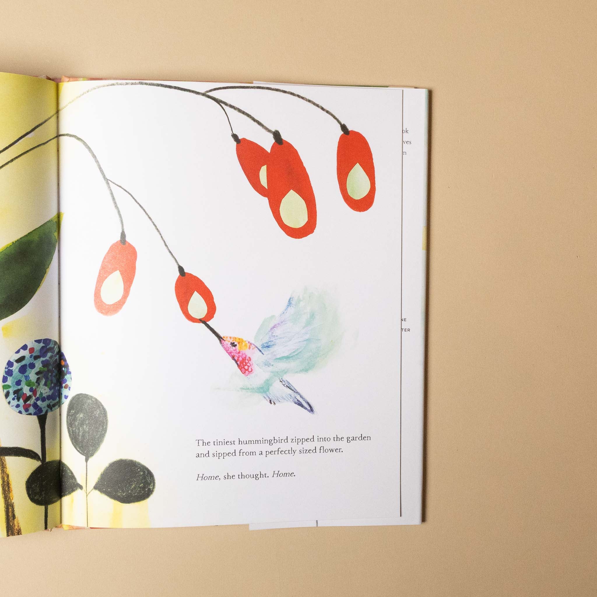 Illustrated tiny-garden page with flowers and a hummingbird on a beige background