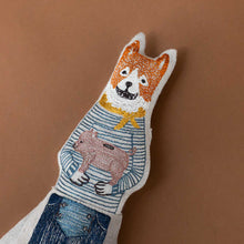 Load image into Gallery viewer, fox-smiling-with-a-scarf-holding-piggy-bank-embroidery