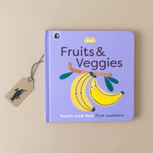 Load image into Gallery viewer, touch-and-feel-board-book-fruits-and-veggies-in-numbers-purple-cover-with-bananas