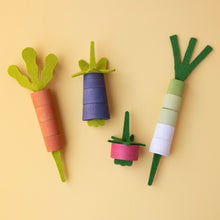 Load image into Gallery viewer, veggies-threading-game-orange-carrot-tomato-eggplant-onion-pieces-with-green-felt-stem