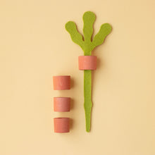 Load image into Gallery viewer, veggies-threading-game-orange-carrot-pieces-with-green-felt-stem