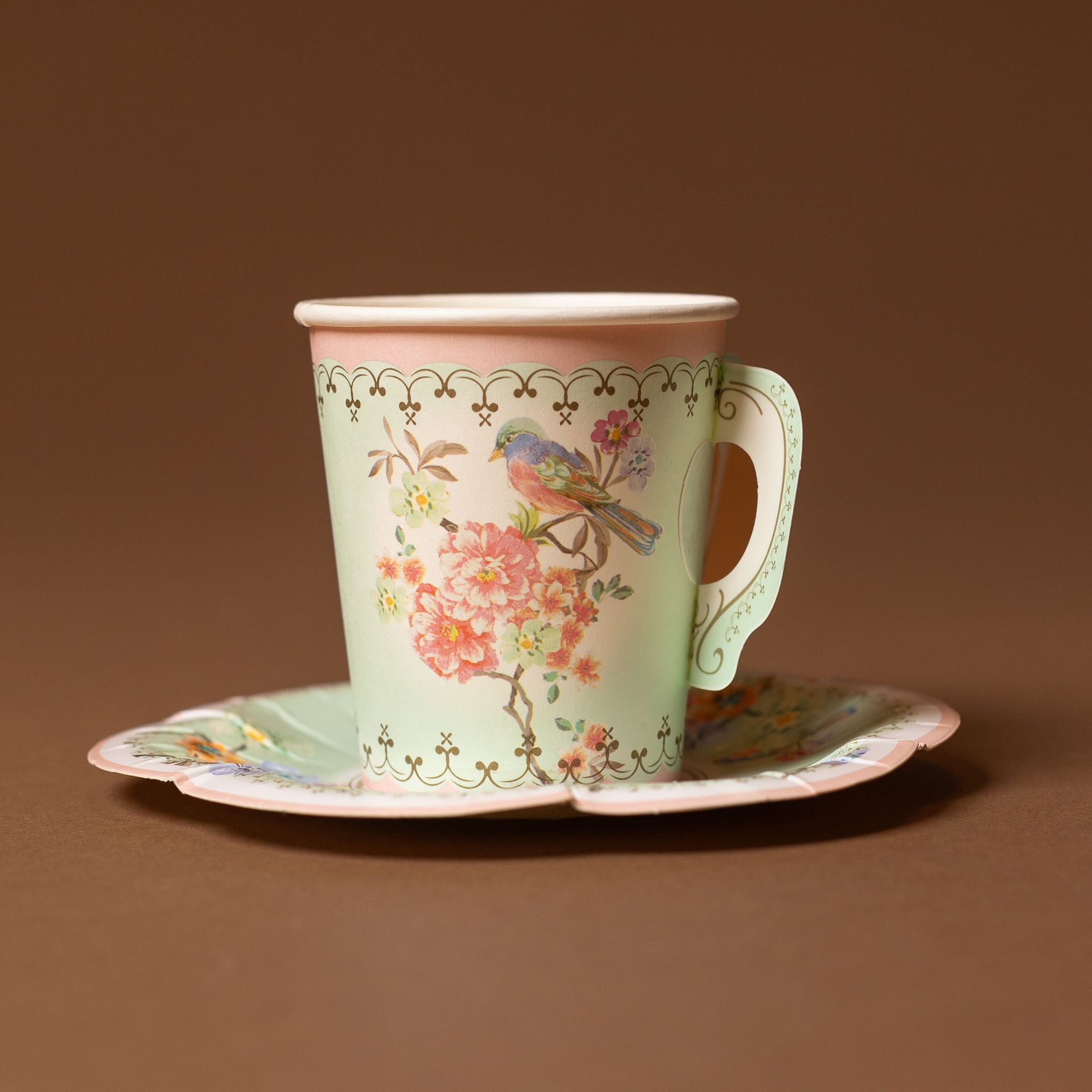 vintage-paper-cups-and-saucer-set -green pattern