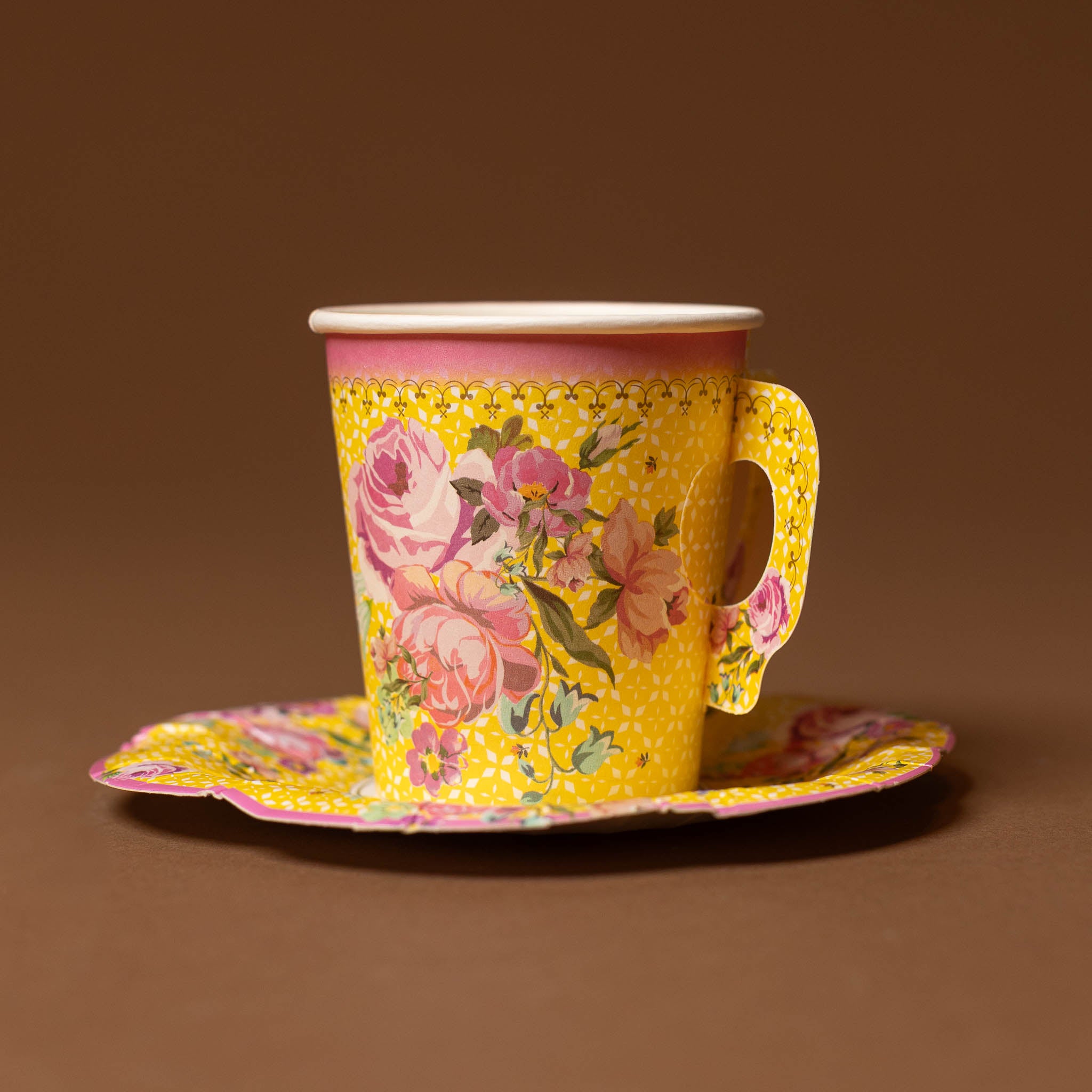 vintage-paper-cups-and-saucer-set -yellow pattern