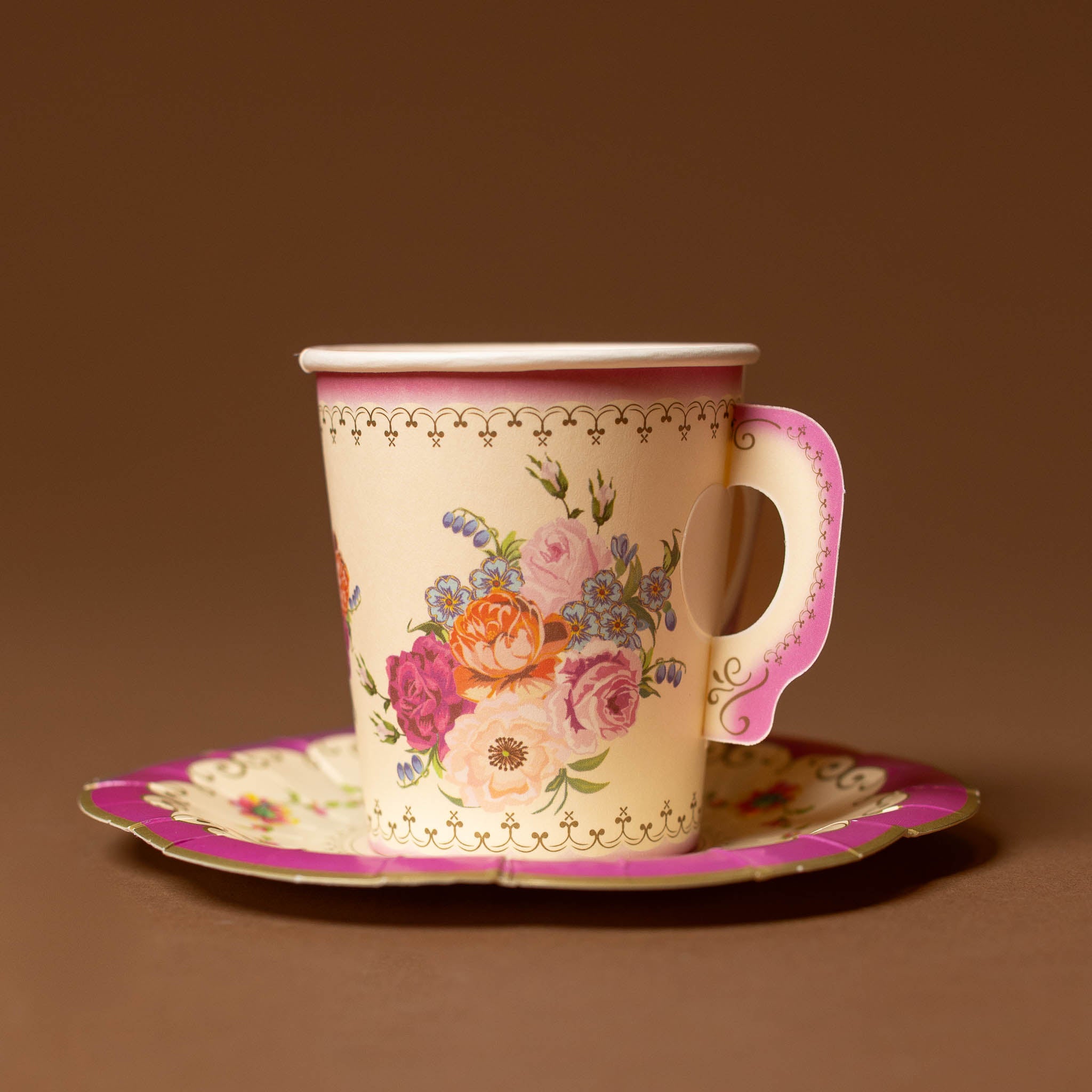 vintage-paper-cups-and-saucer-set -pink pattern