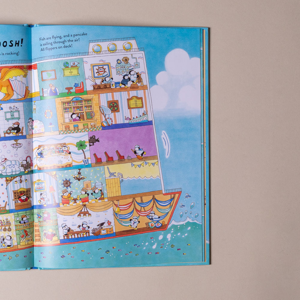 welcome-to-the-penguin-cruise-seek-and-find-adventure Illustrated children's book open to a page with a colorful ship scene on a beige background