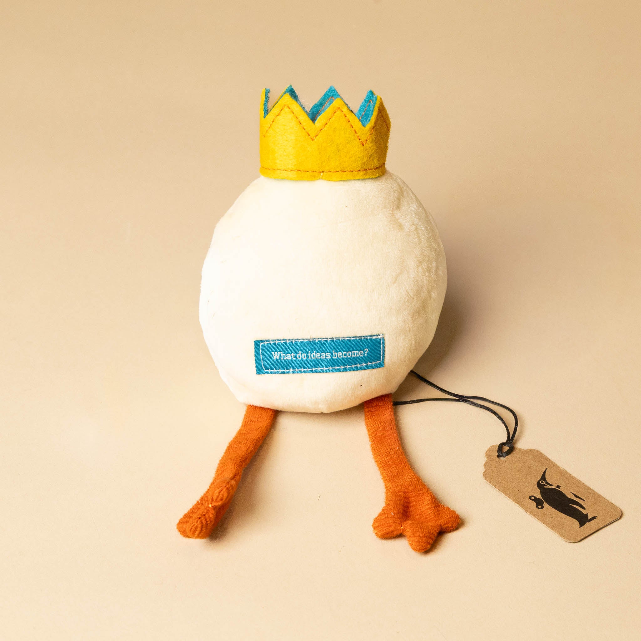 what-do-you-do-with-an-idea-book-and-egg with a crown and a tag on a beige background