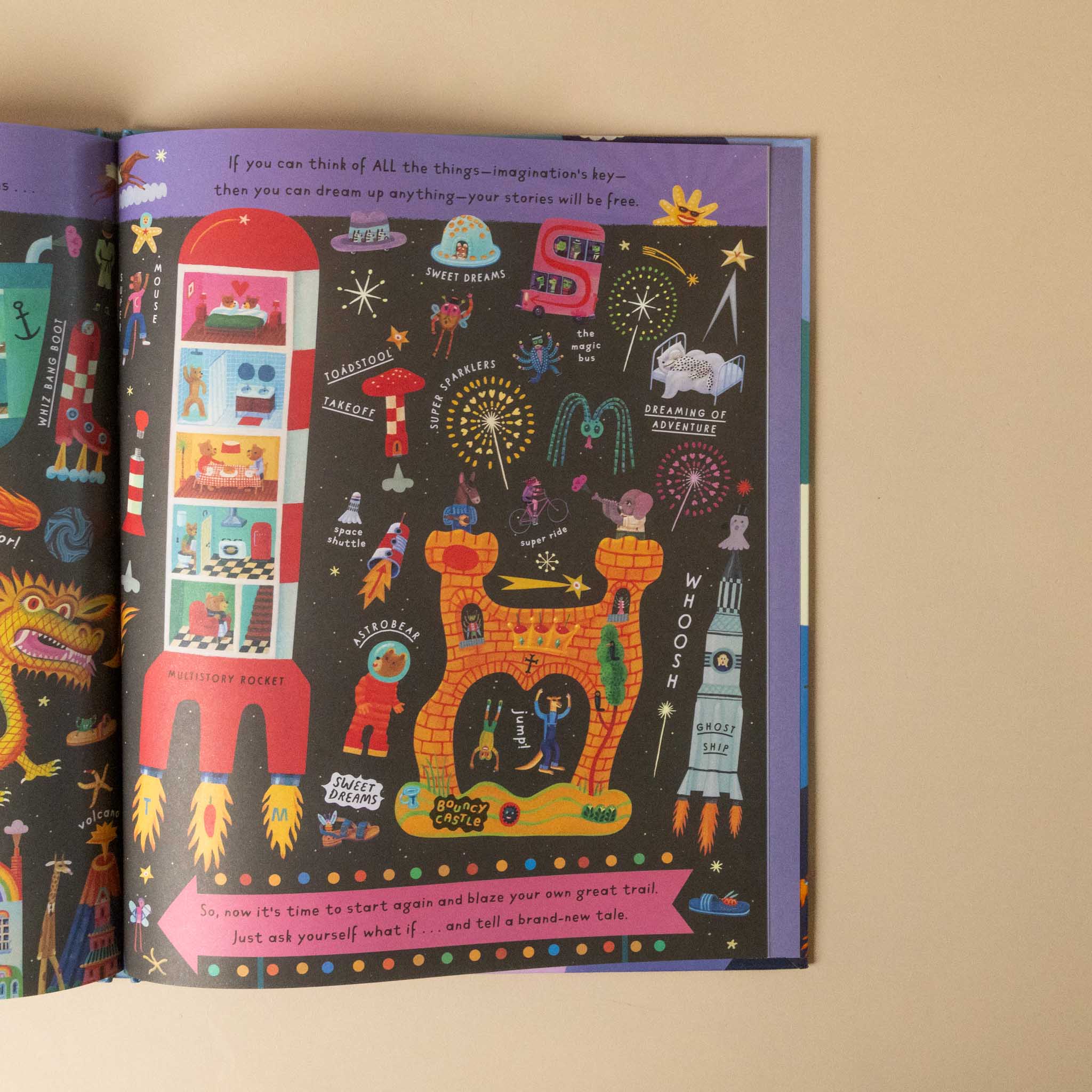 Illustrated what-if-grow-your-imagination book open to a page with colorful graphics and text on a beige background