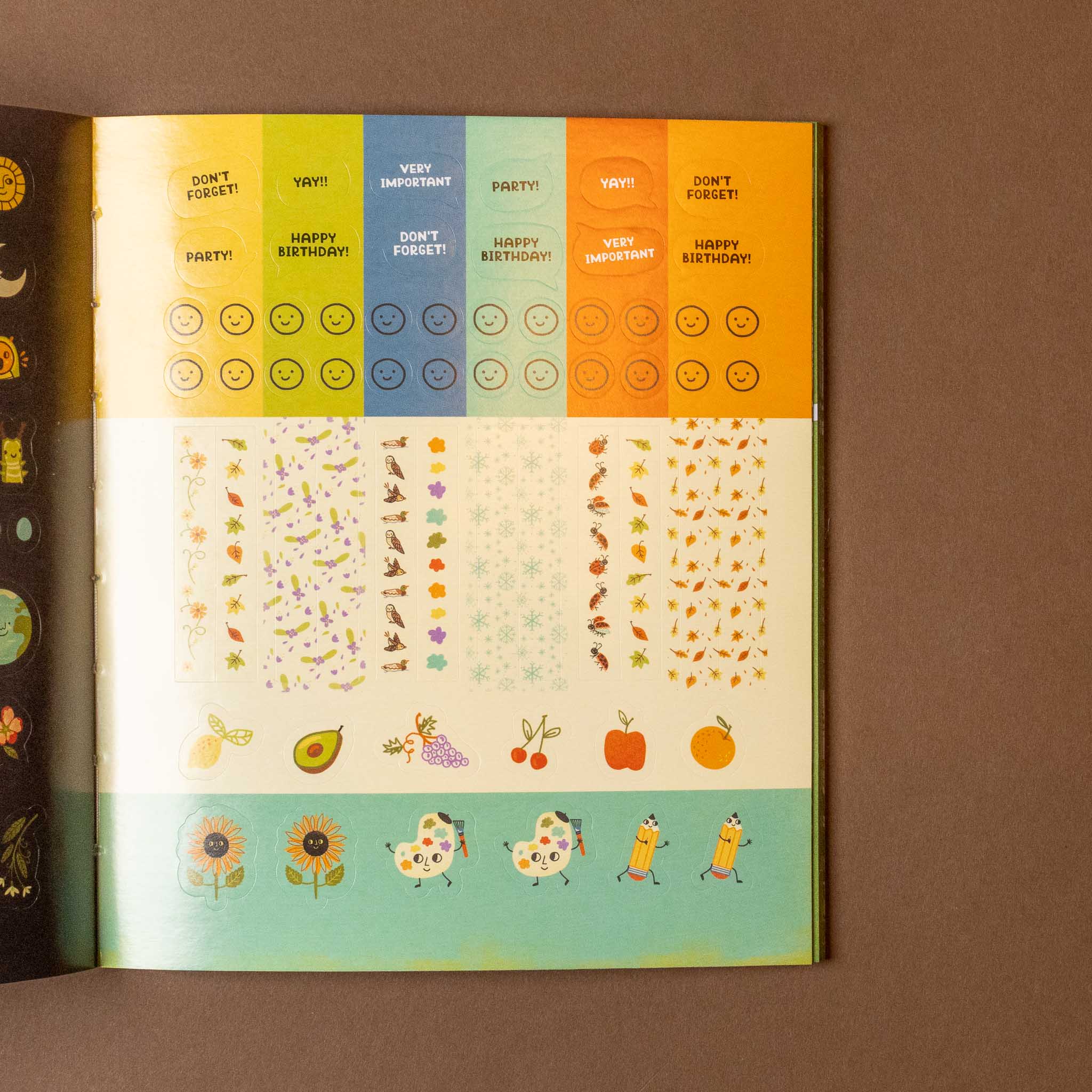 whats-inside-a-garden-stickerology-book Colorful stickers with various designs on a brown background