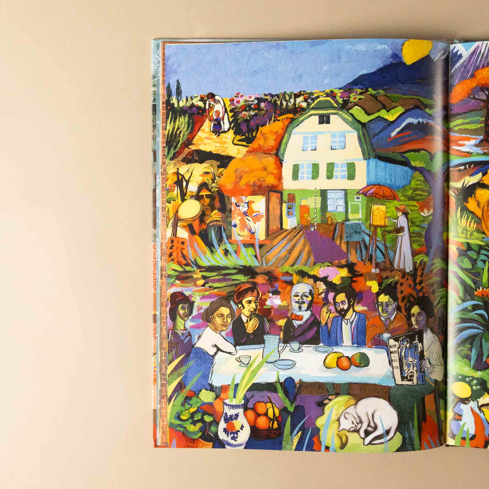 Colorful painting where-is-the-artists-seek-and-find-book of a village scene with people around a table, on a beige background.