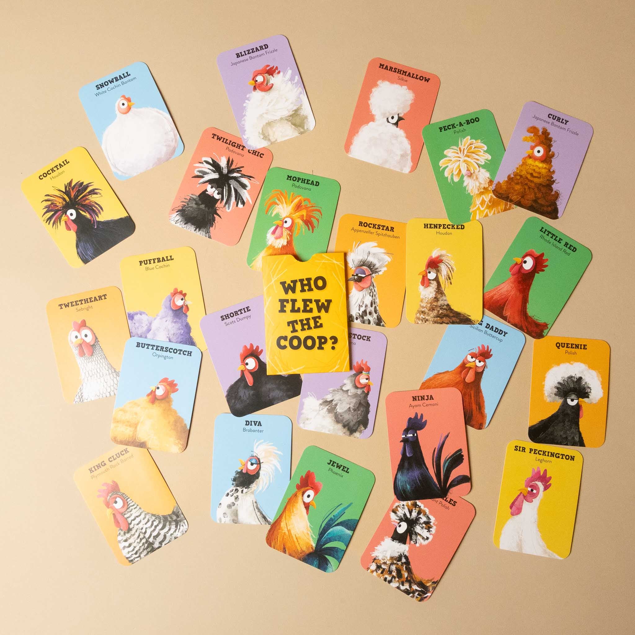 who-flew-the-coop-card-game Set of cards featuring various cartoon chickens on a beige background