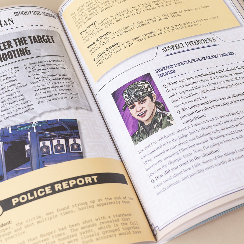 An open book showing printed pages with text, a blue police car illustration, and a portrait labeled 'Suspect Interviews.' This is not a clean product shot, not a person-centered lifestyle image, and not one of the auxiliary chart/swatch/instruction types.