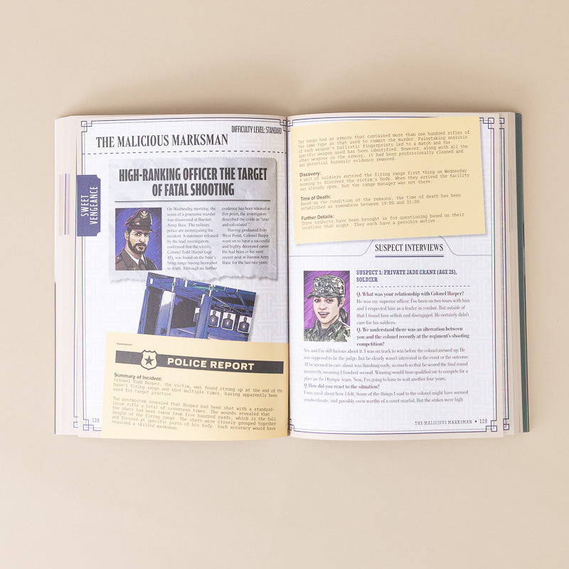 An open book showing two printed pages with text, newspaper-style headlines, and small photos, photographed from above on a plain beige background.