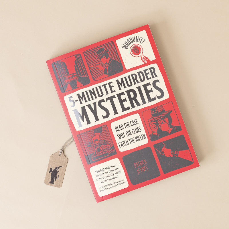 A book titled '5-Minute Murder Mysteries' by Patrick James, featuring a red cover with black and white illustrations and a small hanging tag, photographed on a light beige background.