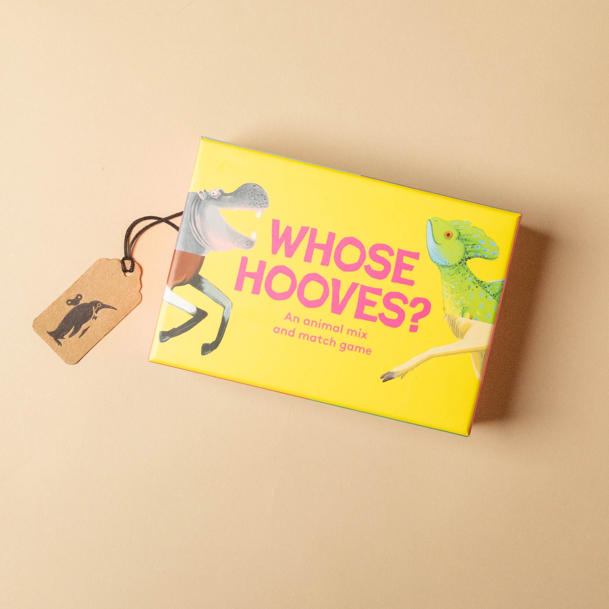 Yellow game box titled 'Whose Hooves?' with animal illustrations on a beige background