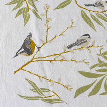 Load image into Gallery viewer, willow-thicket-kitchen-towel-with-wrens-and-willow-leaves-detail