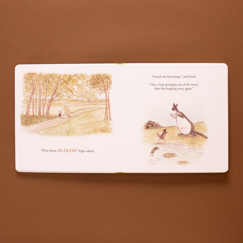 winnie-the-pooh-finding-feelings-board book open page about being scared