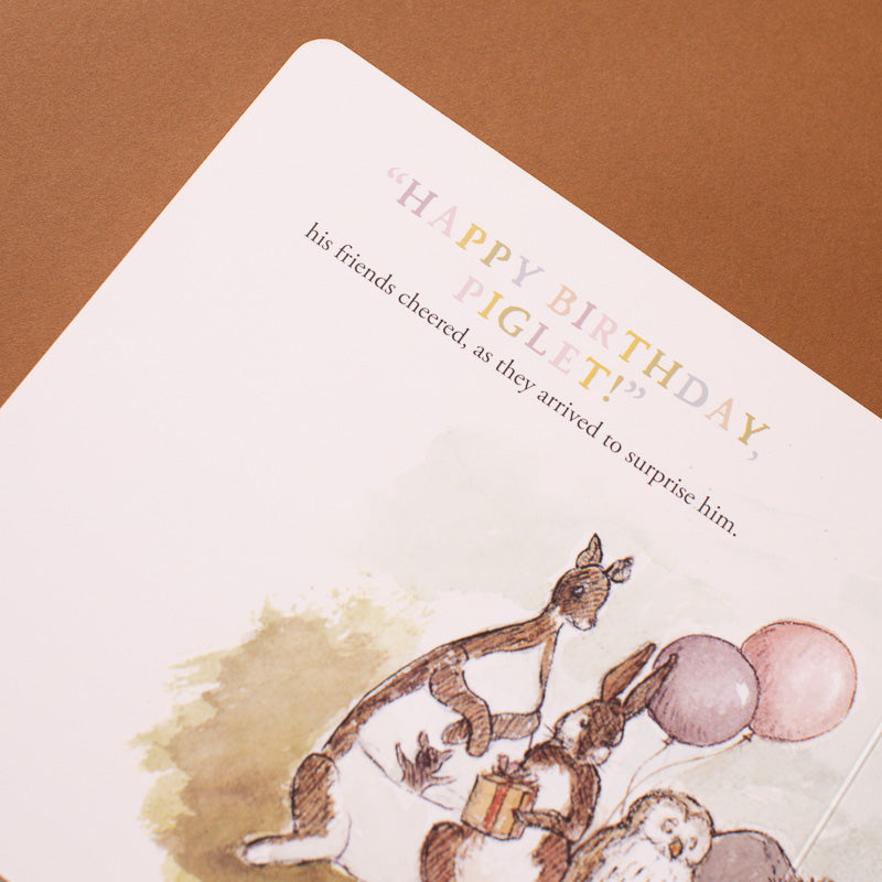 winnie-the-pooh-finding-feelings-board book open page that says happy birthday piglet