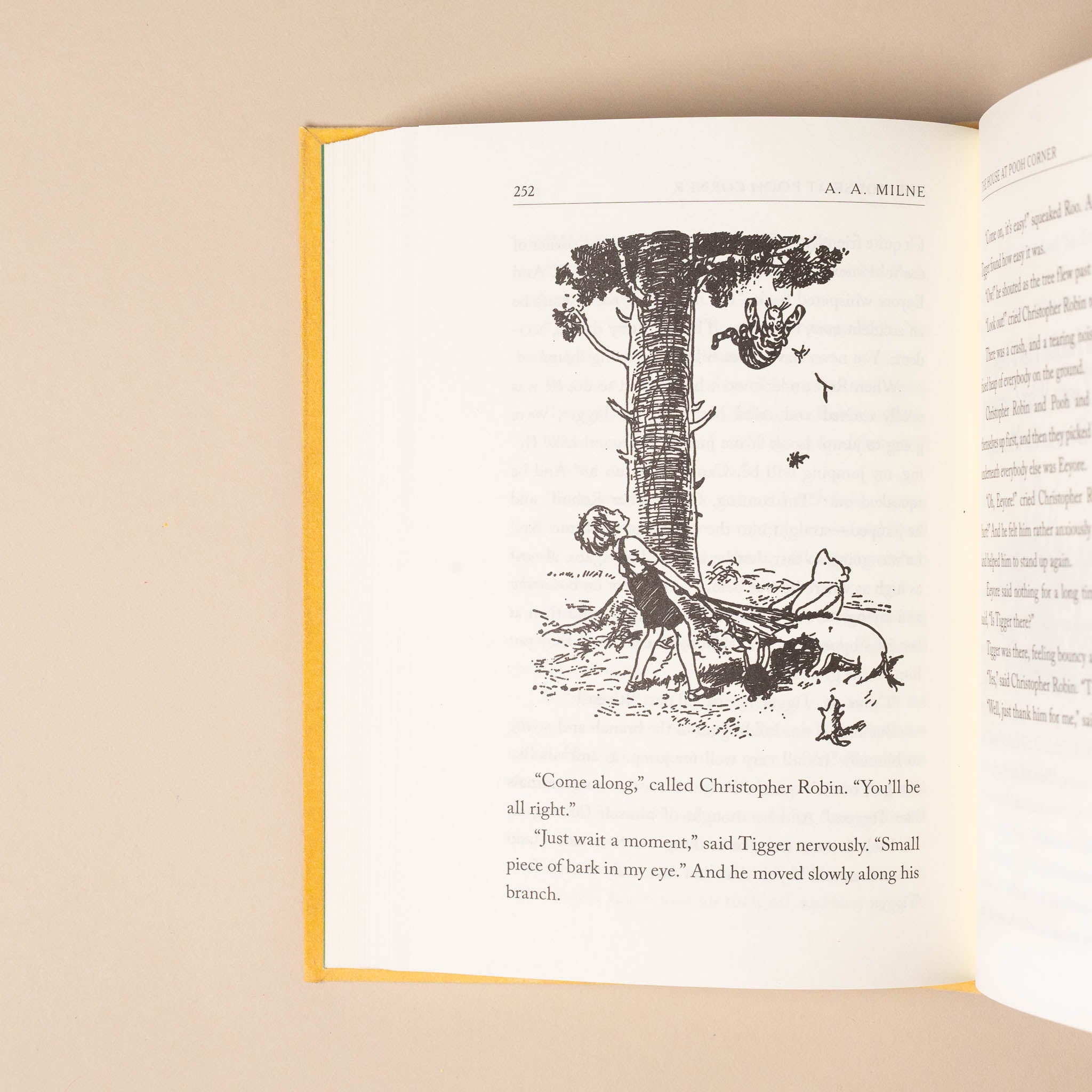 Open winnie-the-pooh-100th-anniversary-edition with a black and white illustration of a child and animals near a tree on a beige background.