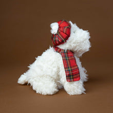 Load image into Gallery viewer, white-dog-with-red-tartan-scarf-and-hat