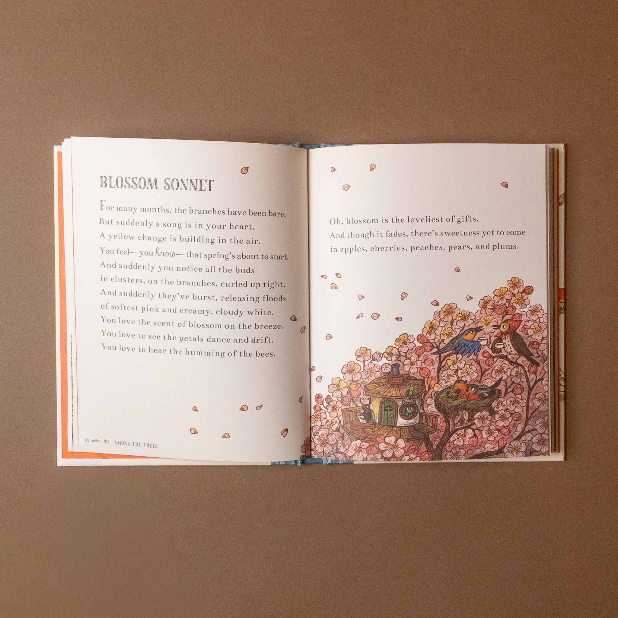 Open wisdom-of-the-woods with a poem titled 'Blossom Sonnet' and an illustration of birds and a house on a tree.