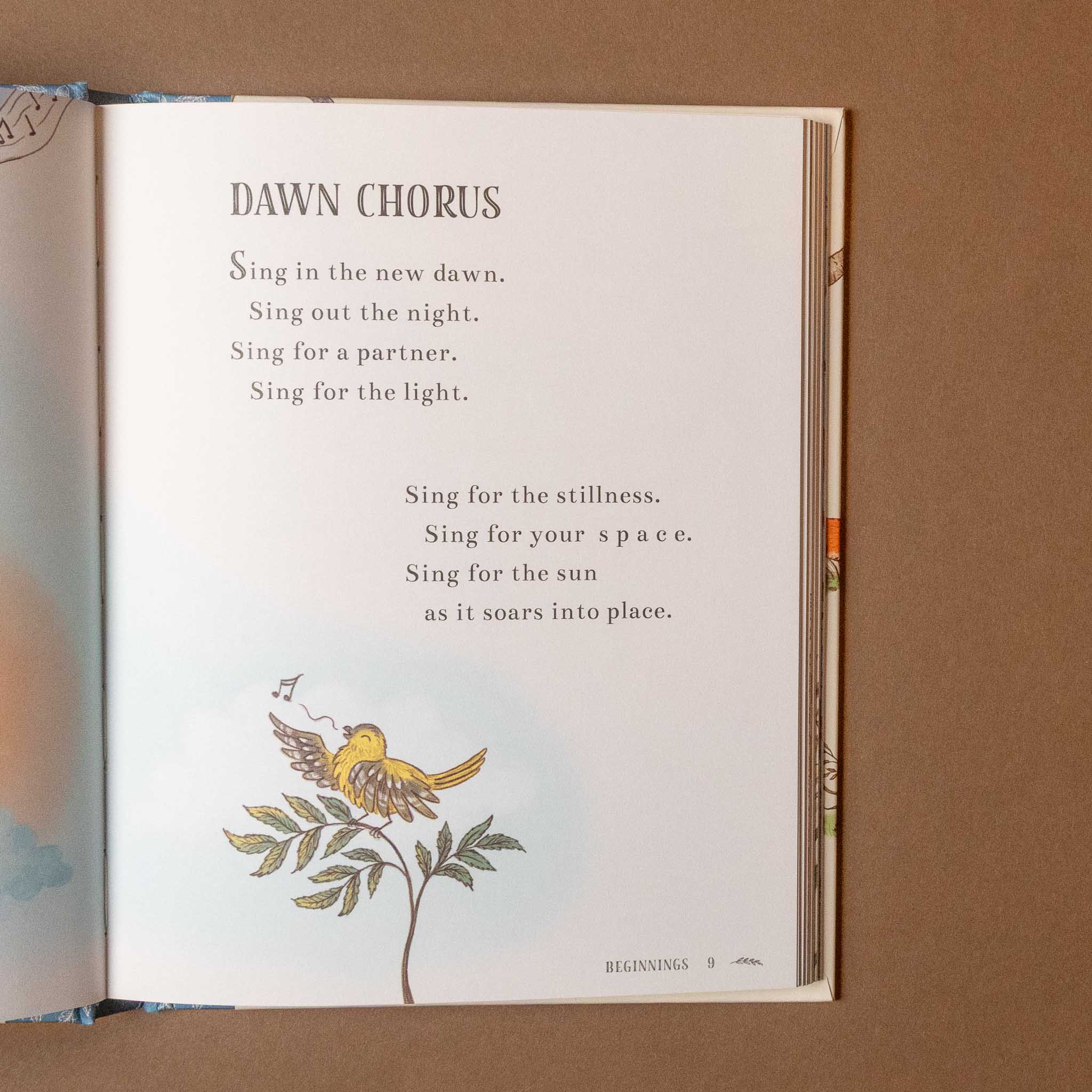 Open wisdom-of-the-woods  with poem titled 'Dawn Chorus' on a brown background