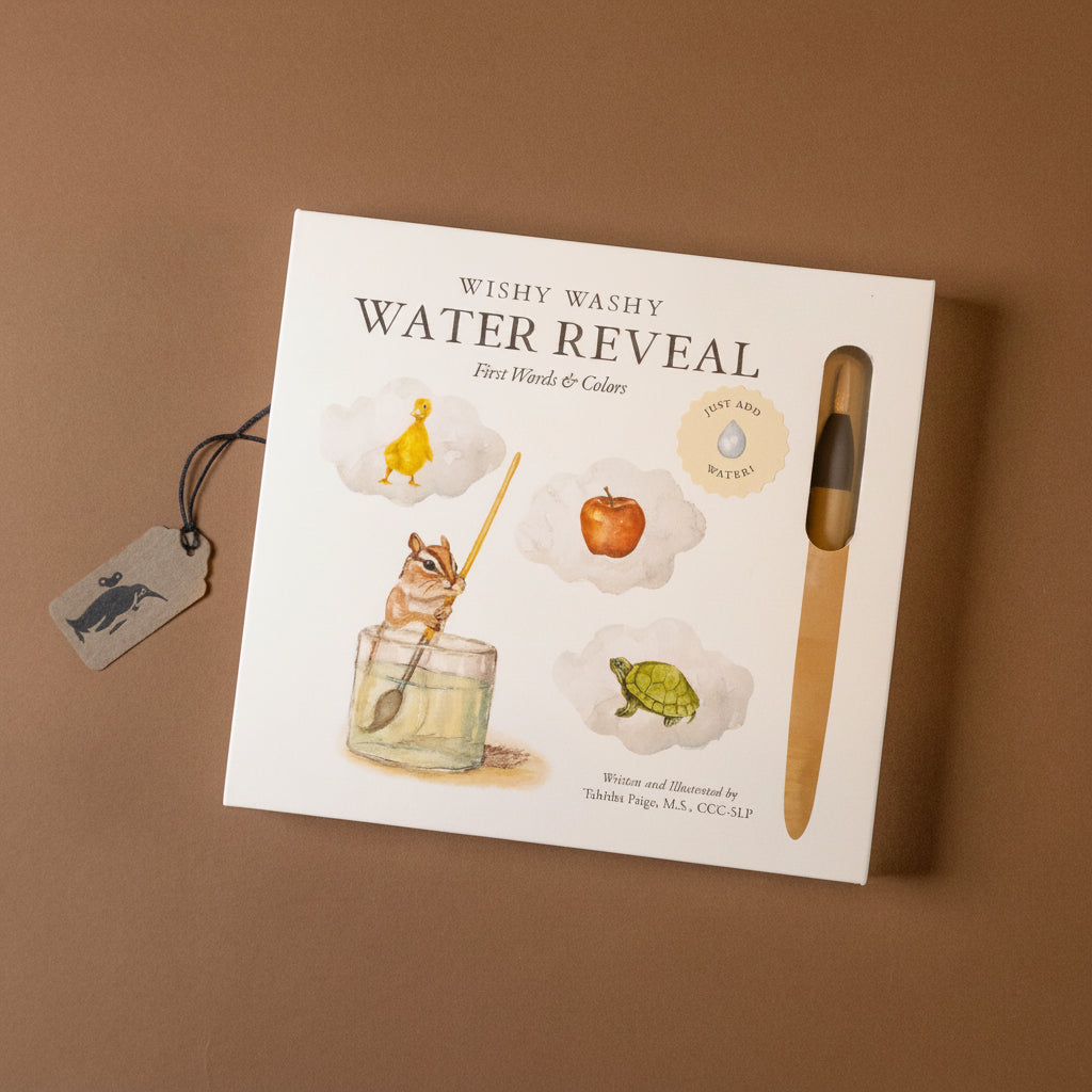 Book titled 'Wishy Washy Water Reveal' with illustrations and a pen on a brown background