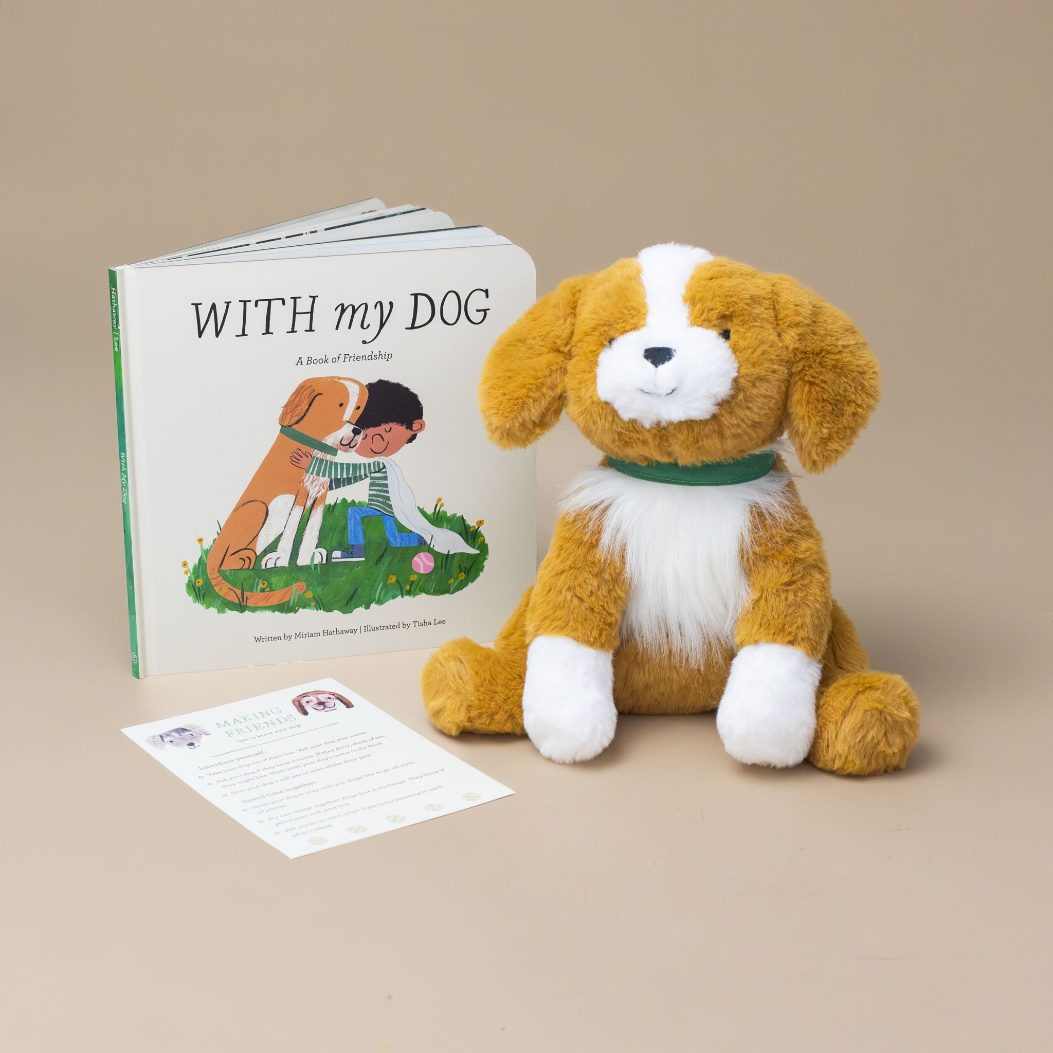 plush-dog-brown-and-white-with-green-collar-with-book