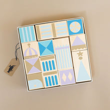Load image into Gallery viewer, wooden-chip-set-storybook-stackers-with-castle-images-in-soft-blues-gold-and-lavendar