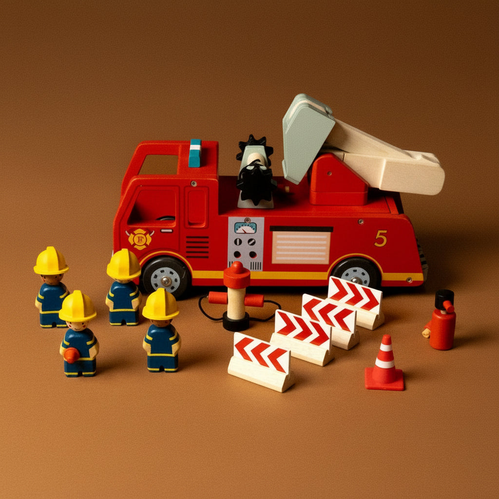 wooden-fire-engine-play-set Toy fire truck with firefighters and traffic cones on a brown background