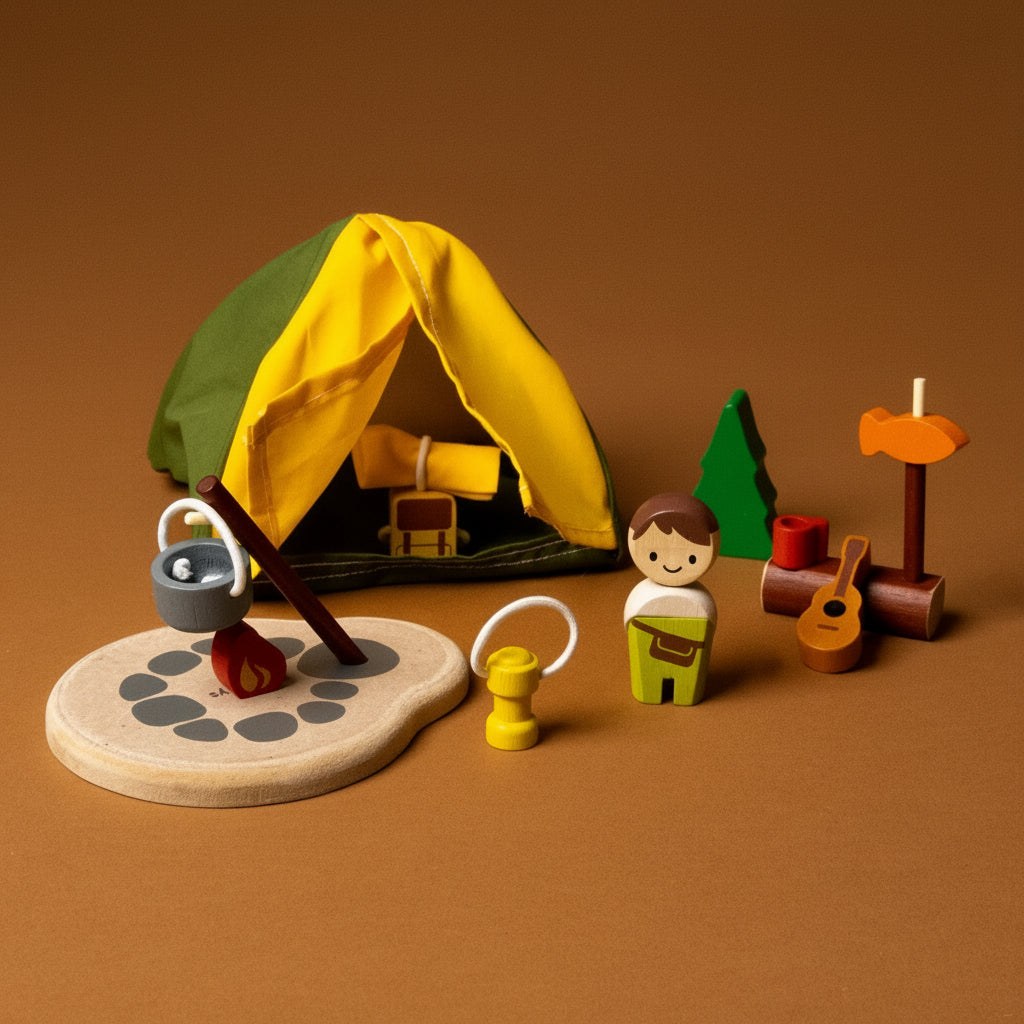 Toy camping set with a yellow tent, wooden figures, and accessories 