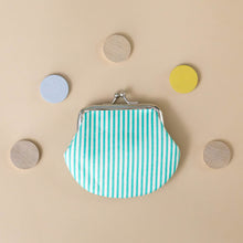 Load image into Gallery viewer, wooden-pretend-play-pay-phone-mint-striped-coin-purse-with-five-wooden-coins