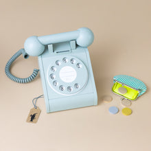 Load image into Gallery viewer, wooden-pretend-play-pay-phone-mint-with-striped-coin-purse-and-five-wooden-coins