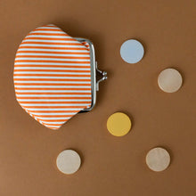 Load image into Gallery viewer, striped-orange-coin-purse-with-5-wooden-coins