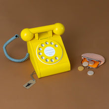 Load image into Gallery viewer, wooden-pretend-play-pay-phone-yellow-with-striped-orange-coin-purse-and-5-coins